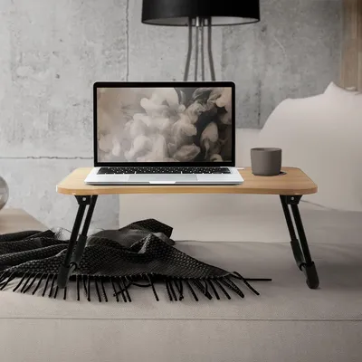 Produktbild von ML-Design Laptoptisch fürs Bett/Sofa, 60x40 cm, Holzoptik, aus MDF, klappbar, Betttisch mit 4 USB Ladeanschluss & Lampe, Schublade, Lüfter, Tablet Ständer, Getränkehalter, Laptopständer Lapdesks Notebook