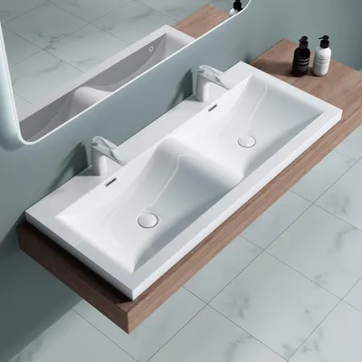 Image de doporro Double Lavabo Vasque à Encastrer 120 cm Blanc Lave Mains Rectangulaire en Solid Surface pour Salle de Bains 120x48x12 cm Colossum03