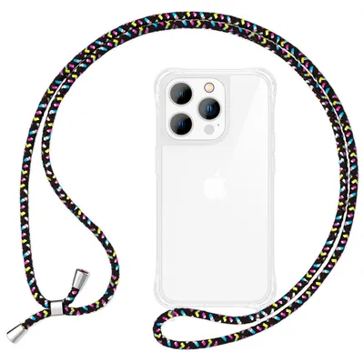 Produktbild von Hülle mit Kette für iPhone 14 Pro - Klare Handyhülle mit Schnur zum Umhängen Schwarz Bunt