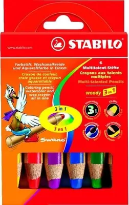 Produktbild von Buntstift, Wasserfarbe & Wachsmalkreide - STABILO woody 3 in 1 - 6er Pack - mit 6 verschiedenen Farben