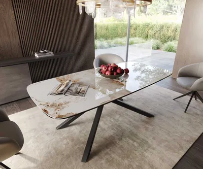 Produktbild von DELIFE Esstisch Edge Boot 200x100 Keramik Minas Melange Weiß-Beige Kreuzgestell Rechteck Schwarz
