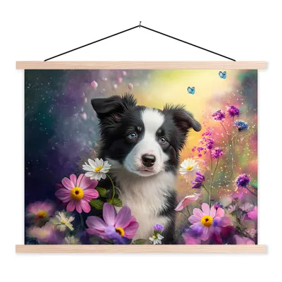Produktbild von MuchoWow® Textilposter Hund - Blumen - Natur - Welpe - Border Collie 40x30 cm mit holzfarbenen Rahmen - Bilder