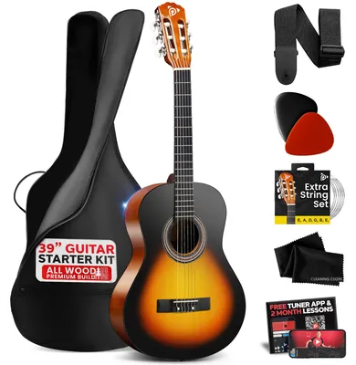 Produktbild von Pyle 4/4 Konzertgitarre, Akustik Gitarre 39Zoll für Anfänger Einsteiger Erwachsene, Classical Guitar Teardrop Sunburst, Matt, Set Inklusiv Tasche