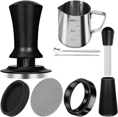 Obrázek produktu pro Sada mlýnku na kávu s dávkovacím kroužkem 51 mm, kávovým filtrem 51 mm, nářadím, míchátkem na kávu, utlačovačem, sadou na latte art a konvičkou na mléko