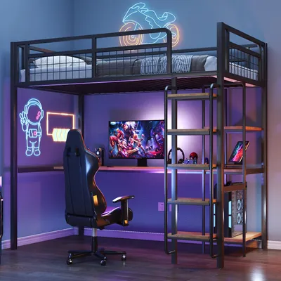 A loft bed with a desk and shelves, set up in a room with neon lights.