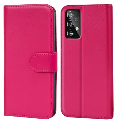 A pink flip case for a smartphone is shown, with the phone inserted into the case on the right side.