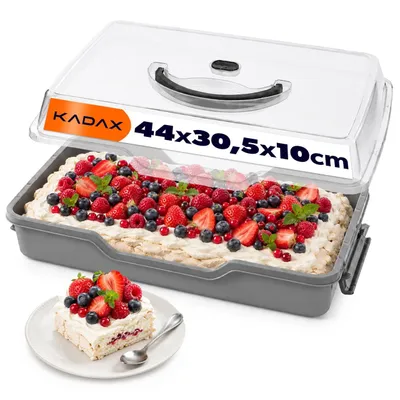 Productafbeelding van KADAX Bakvormcontainer, 44 x 30,5 x 10 cm, bakdoos met deksel en draaghandvat, rechthoekige bakdoos van kunststof, transportdoos voor taarten, taartcontainer (donkergrijs)
