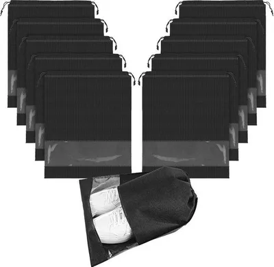 Produktbild von Famanu Schuhbeutel 10er Set mit Zugband und transparenten, staubdichten Aufbewahrungstaschen für Schuhe, schwarz