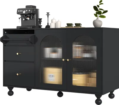 Produktbild von Hochschrank,Sideboard(Schwarz)mit Glastür und Handtuchhalter-Design, stilvoller Aufbewahrungsschrank, multifunktionale moderne Möbel