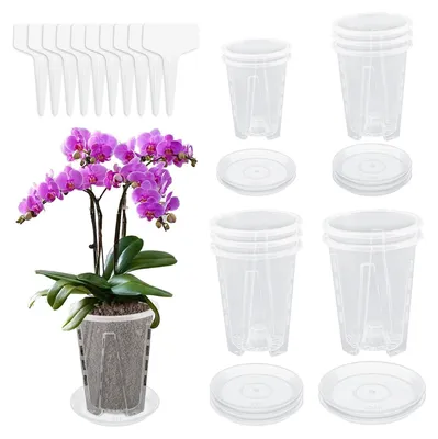 Productafbeelding van Omgoods - 10 Stuks Transparante Orchideeënpotten - Plantenpotten met Onderzetters