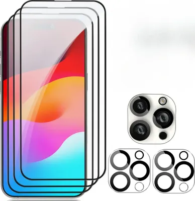 A product shot of screen protectors and camera lens protectors for a smartphone.