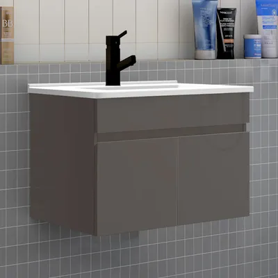 Produktbild von Badmöbel HUTI-Serie 60cm Hochglanz Dunkelgrau Dünn Keramik Waschtisch mit Unterschrank Hängeschrank Badezimmermöbel mit 2 Türen