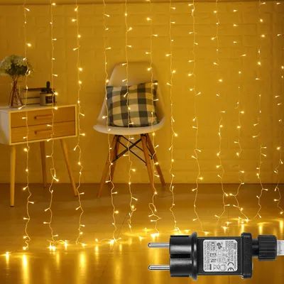 Produktbild von 3x3M LED Lichtervorhang Innen Lichterkette Warmweiß 8 Modi Timer 31V Weihnachtsbeleuchtung IP44 Weihnachtsdeko Fenster Balkon Garten