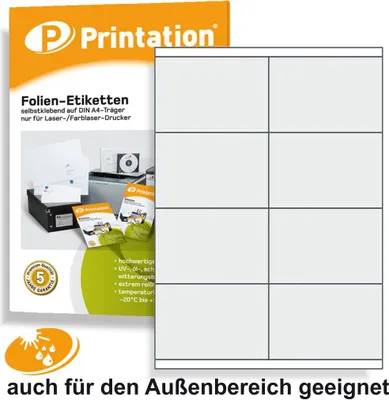 Produktbild von Etiketten 105 x 70 mm WETTERFEST - Folienetiketten transparent matt auf A4 - 2x4 43my