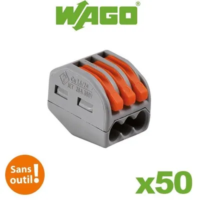 A product shot of Wago connection terminals with branding and quantity information.