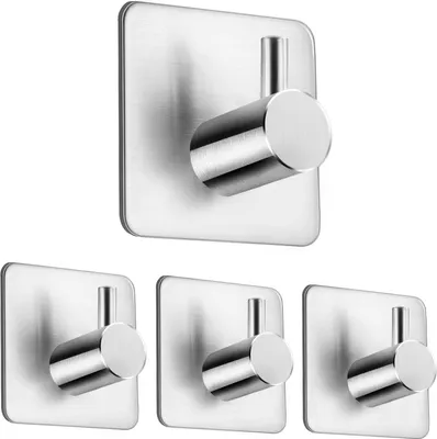 Produktbild von GKA 4 Stück Handtuchhaken silber eckig massiv Klebehaken Edelstahl Metall Haken Selbstklebend Bad Küche Handtuchhalter Kleiderhaken ohne Bohren