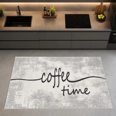Productafbeelding van Grijze keukentapijt met een motief van koffiemomenten, gemakkelijk te onderhouden en slijtvast. Afmetingen: 80 x 250 cm
