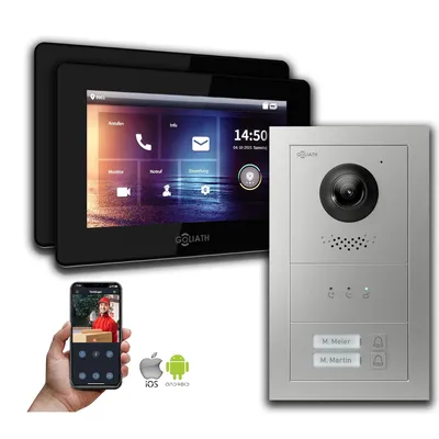 Produktbild von Goliath IP Video Türsprechanlage: 7-Zoll 2 Familienhaus, Anzeige, Silber : 7 Zoll Schwarz : 4er POE : Aufputz Dose Anschluss: 4er POE Monitor Farbe: 7 Zoll Schwarz Montage: Aufputz Dose