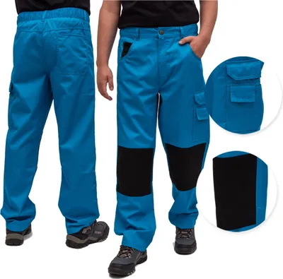 Product image showing men's work pants from multiple angles, including close-ups of pockets and knee reinforcement.