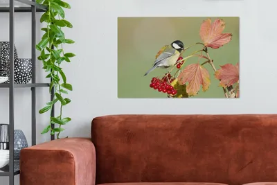 Obrázek produktu pro OneMillionCanvasses® - Plátno na zeď - Sýkora koňadra mezi červenými listy, nástěnná malba, nástěnné dekorace obrazy obývací pokoj, 90x60cm