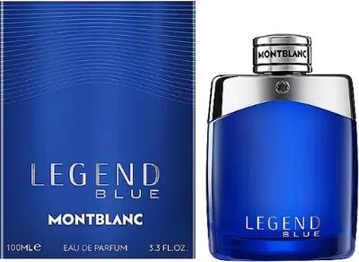 A product shot of Mont Blanc Legend Blue Eau de Parfum for men and its packaging.