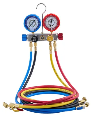 Productafbeelding van VEVOR Manometerset voor airconditioners, geschikt voor koelmiddelen R22, R404A, R410A en R12. Dit 4-weg manometerset wordt geleverd met 1,5 meter lange slangen en is geschikt voor onderhoud, ontluchting, vulling en terugwinning van koelmiddelen in voertuigen en woningen
