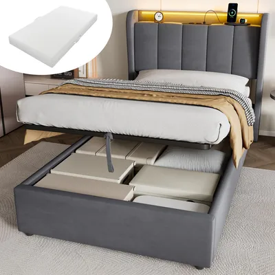 Immagine prodotto di Letti a una piazza e mezza (90x200 cm) per ragazzi, con materasso; letto imbottito con sistema idraulico, contenitore e testiera imbottita; letto matrimoniale con contenitore e testiera a LED; colore grigio scuro