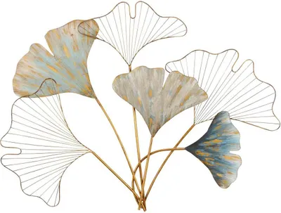 Produktbild von Filigrane Wanddekoration Ginkgoblätter aus Metall Gold Hellblau 91x72x4 cm