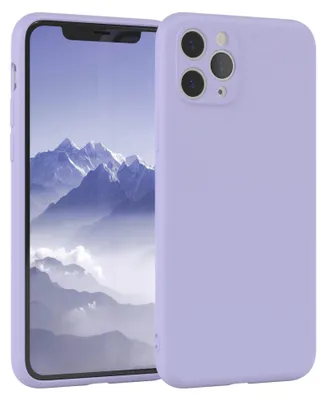 A purple phone case is shown next to an iPhone with a mountain landscape wallpaper.