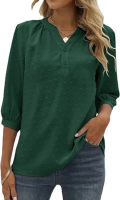 Image de ASKSA Femme Swiss Dot Chemisier manches 3/4 été élégant T-shirt col V Tunique unie Chemise en mousseline de soie, Vert, XXL