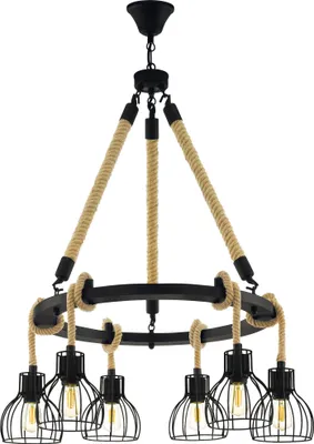 Produktbild von EGLO Pendellampe Rampside, 6 flammige Vintage Pendelleuchte im Industrial Design, Hängelampe aus Stahl und Holz, Farbe: Schwarz, braun, Fassung: E27