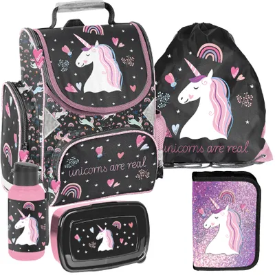 Produktbild von Schulranzen 5-tlg. Set für Mädchen & Jungen EINHORN unicorn – Paso Ranzen, Mäppchen, Tasche, Flasche, Frühstückstasche