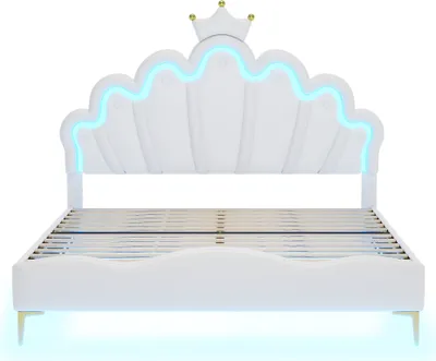 Produktbild von Flieks Polsterbett 140x200cm mit Lattenrost, Kinderbett mit Kronenförmigem Kopfteil, Jugendbett Doppelbett mit Led, Prinzessinnenbett Holzbett, PU