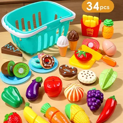 Produktbild von Kinderküche Zubehor, 34 Stück Spielküche Zubehor, Küchenspielzeug, Küchenzubehor Kinder, Lebensmittel Spielzeug, Schneideset Obst Gemuese