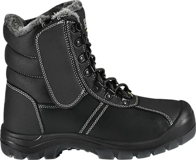 A black work boot with gray fur lining is shown against a white background.