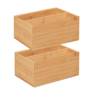 Produktbild von Relaxdays Aufbewahrungsbox Bambus, stapelbar, Bambuskiste mit 2 Fächern, stabil, HBT: 14 x 30 x 20 cm, Stapelbox, natur