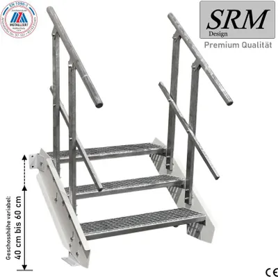 Produktbild von 3 Stufen Stahltreppe Weiß Breite 160 cm Geschosshöhe 40 - 60 cm 2x Geländer