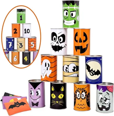 Obrázok produktu pre JOYIN Halloween karnevalová hra na hádzanie vrecúšok s fazuľou - 10 plechoviek a 3 vrecia s fazuľou