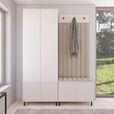 Produktbild von Garderoben-Set Ritmo Version 1 – gefräster Kleiderschrank mit hohen Füßen, gepolsterte Wandpaneele, Schuhschrank, für den Flur (cashmere, Trinity 02)