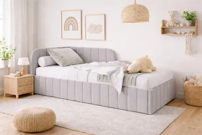 Produktbild von Bett Mario 100x200 cm, Polsterbett mit Metallrahmen, Jugendbett mit Bettkasten, Riviera-Stoff, Grau, Links