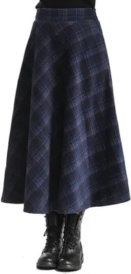 Damen lange Rock aus warmer, dicker Wolle mit kariertem Muster und plissierten Details für Herbst und Winter