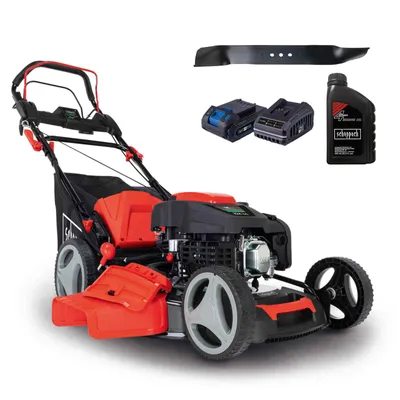Produktbild von Scheppach Benzin Rasenmäher MS225-53E - E-Start | Radantrieb | 6PS | 53cm Schnittbreite | 65L Fangkorb | inkl. Öl + Messer +2Ah Akku +2,4A Ladegerät