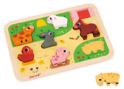 Imagen del producto de Janod: Puzzle de madera "Granja" - Puzzle de animales grandes, 7 piezas