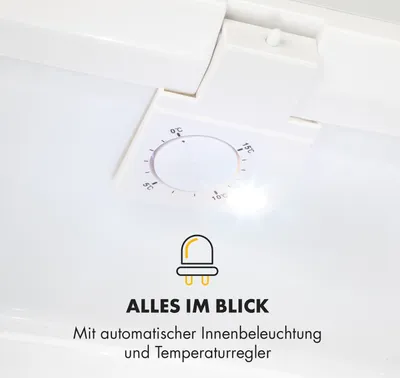 Close-up of a refrigerator's interior, showing a temperature dial and an LED light icon with German text.