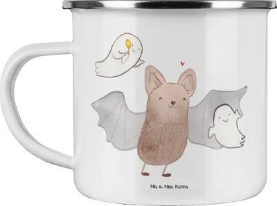 Produktbild von Mr. & Mrs. Panda Teetasse Fledermaus Gespenster - Weiß - Geschenk, Trick Or Treat, Haferl, Pott, Halloween, Emaille Tasse, Dekoration, Becher, Teebecher, Deko
