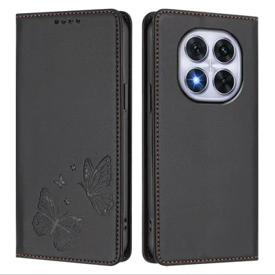 Obrázek produktu pro Kožené pouzdro pro Xiaomi Poco X7/Redmi Note 14 Pro 5G/14 Pro+ 5G, motýlí ražbou, peněženkové flip pouzdro se stojánkem Černá