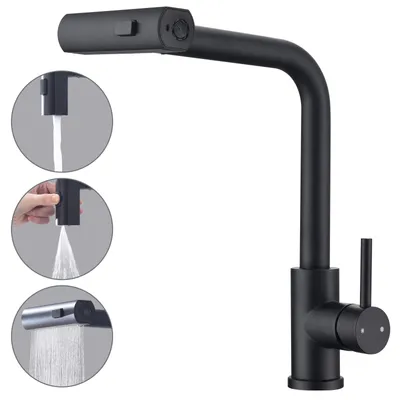 Produktbild von HOMELIVE Küchenarmatur Schwarz – 360° Schwenkbarer Wasserhahn Küche, Ausziehbare Spültischarmatur mit Brause, 3 Strahlarten für Flexibles Arbeiten