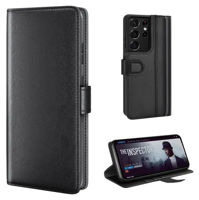 Produktbild von Echtleder Handyhülle für Samsung Galaxy S21 Ultra 5G Lederhülle Cover Case Tasche Klapphülle Fliphülle Leder Hülle Farbe: Schwarz