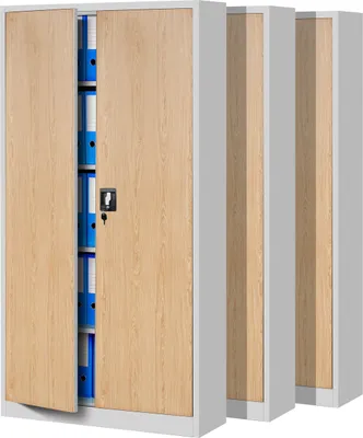 Produktbild von 3er Set Aktenschrank C001 Metallschrank Stahlschrank Werkzeugschrank Büroschrank Lagerschrank Universalschrank Pulverbeschichtung Flügeltüren 185 cm x 90 cm x 40 cm Farbe: Weiß/Holzoptik