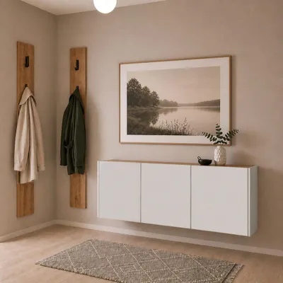 Produktbild von Garderobenset 3-teilig mit Schuhschrank & 2 Garderobenpaneelen in Beige mit Eiche - LAPUA-01